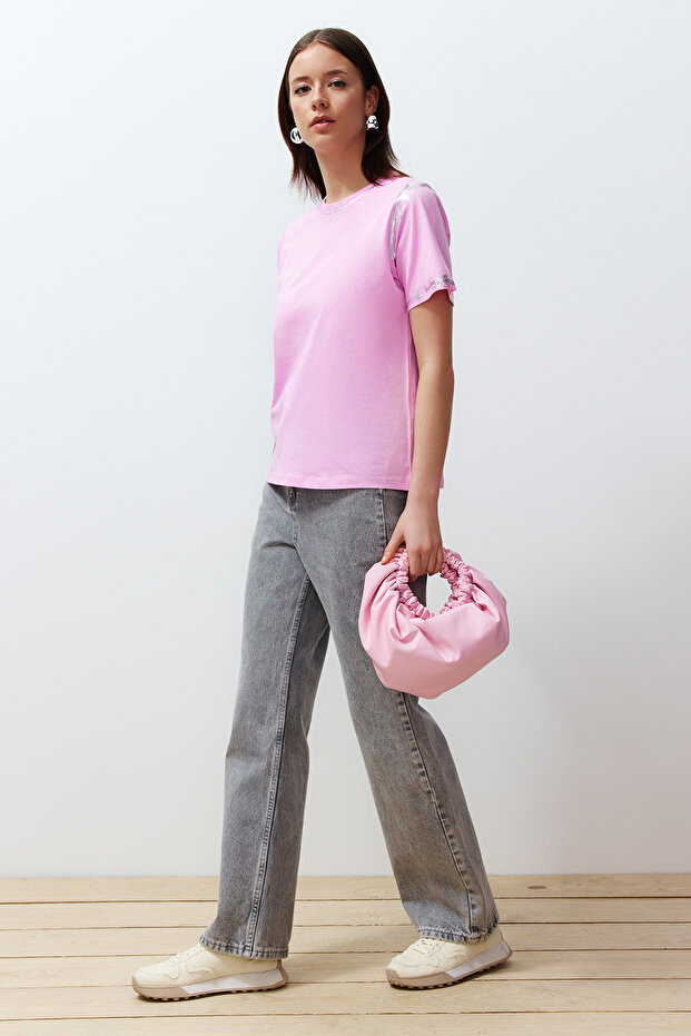 Pembe Varaklı Loose/Rahat Kalıp Örme T-Shirt TWOSS24TS00073 - 3
