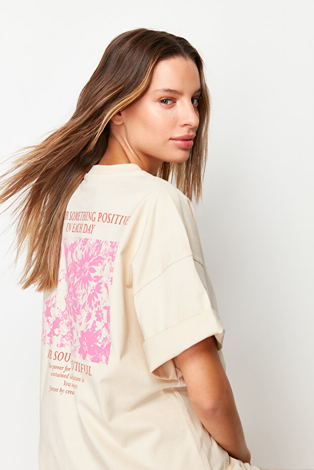 Taş %100 Kalın Pamuklu Ön ve Arka Baskılı Oversize/Geniş Kalıp Örme T-Shirt TWOSS23TS00269 - 1