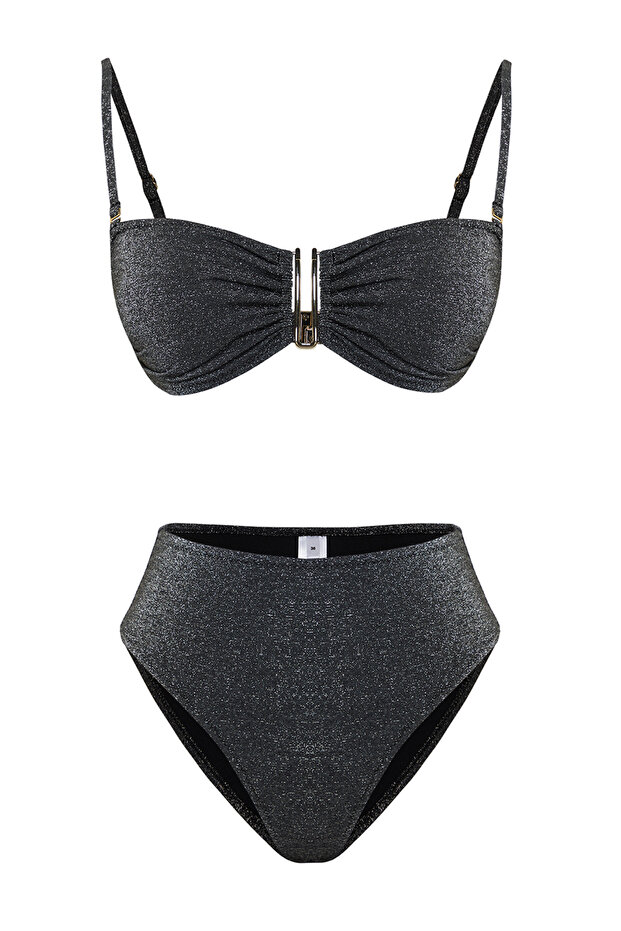 Siyah Simli Aksesuarlı Straplez Kaplı Regular Yüksek Bel Bikini Takımı TBESS24BT00054 - 6