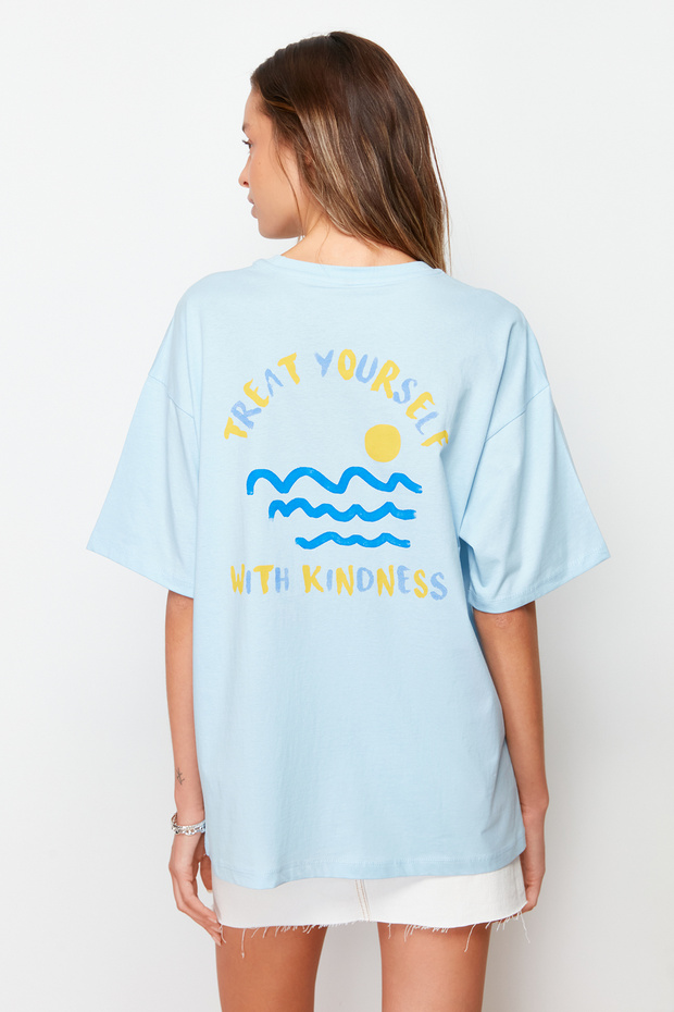 Açık/Bebe Mavi %100 Pamuk Sırt ve Göğüs Baskılı Boyfriend Örme T-Shirt TWOSS23TS00058 - 6