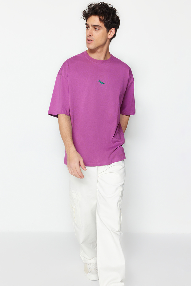 Mürdüm Oversize/Geniş Kesim Dinozor Nakışlı Kısa Kol %100 Pamuk T-Shirt TMNSS23TS00243 - 3