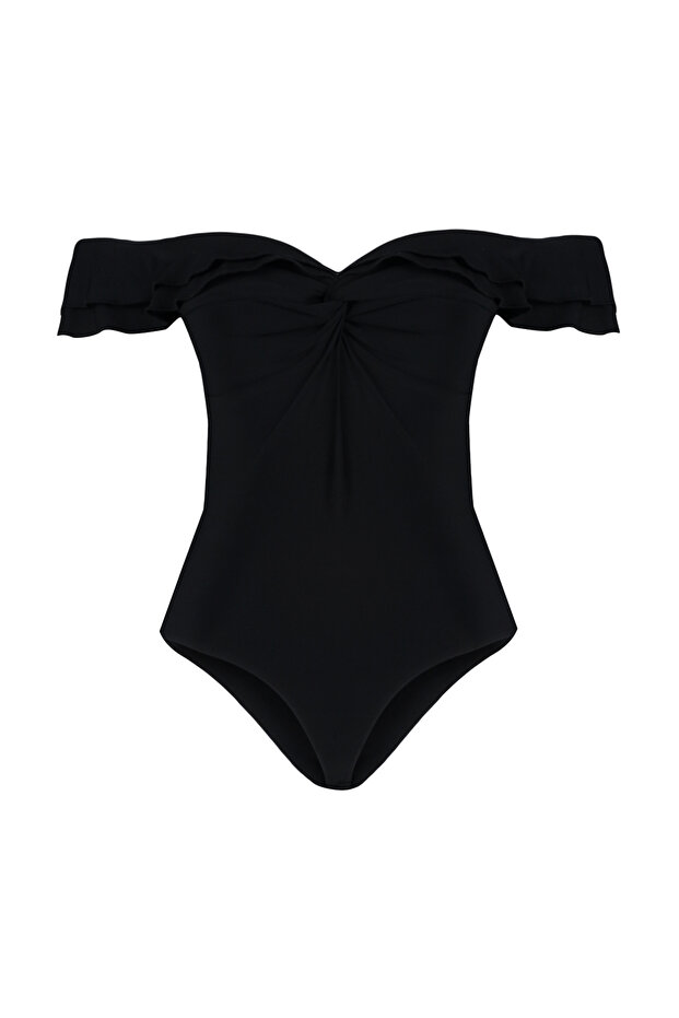 Siyah Volan Detaylı Fırfırlı Çıtçıtlı Örme Body TPRSS24BD00014 - 7