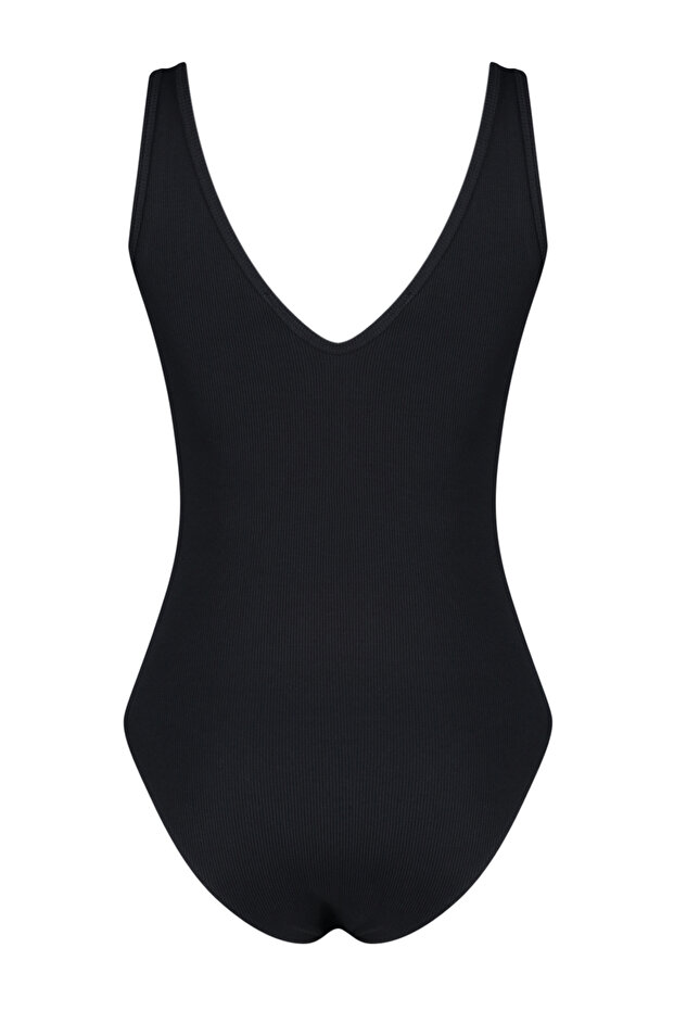 Siyah Fitted/Vücuda Oturan V Yaka Fitilli Esnek Çıtçıtlı Örme Body TWOSS24BD00032 - 8
