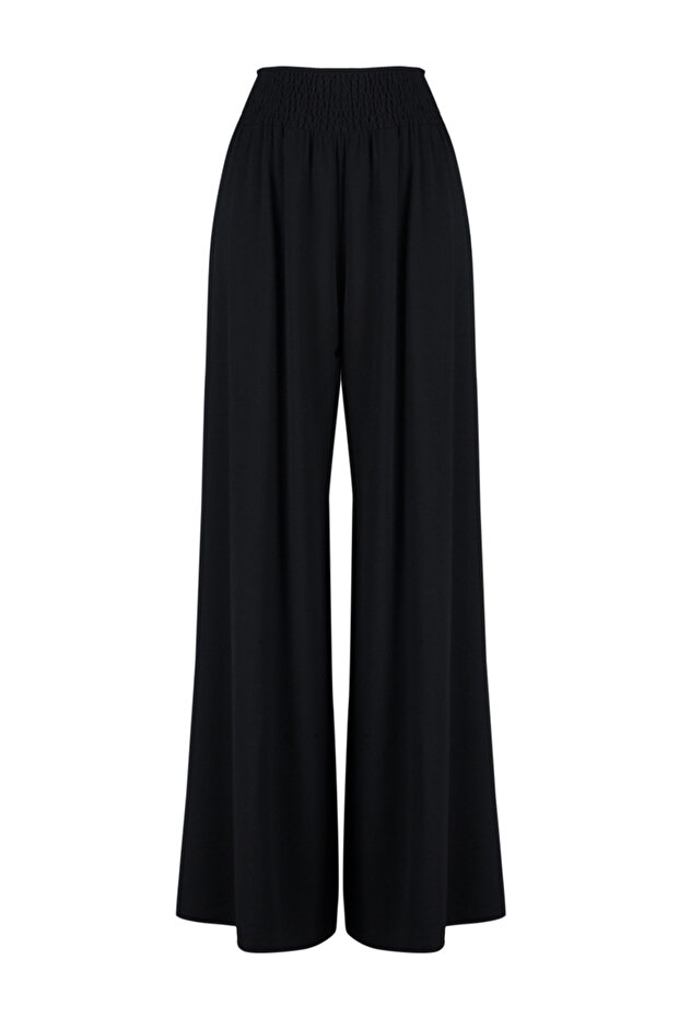 Siyah Dokuma Gipeli Maxi Plaj Yüksek Bel Pantolon TBESS24PL00008 - 7