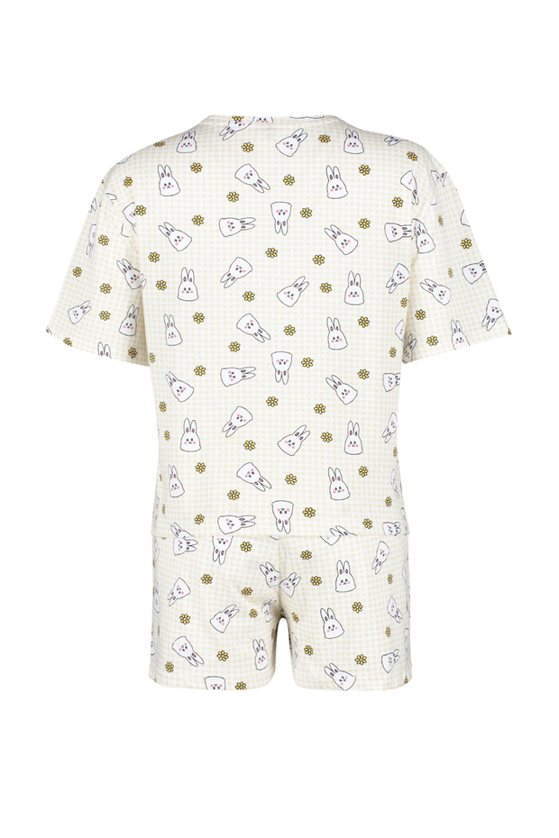 Sarı-Çok Renkli %100 Pamuklu Pötikare Şortlu Örme Pijama Takımı THMSS24PT00211 - 8