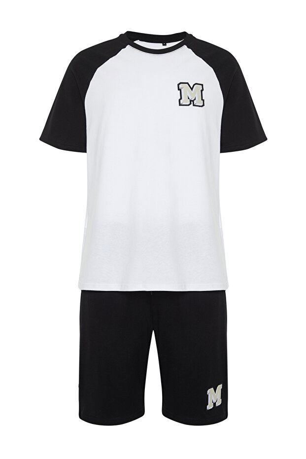 Siyah Beyaz Nakışlı Reglan Kol Örme Şortlu Pijama Takımı TMNSS24PT00007 - 7