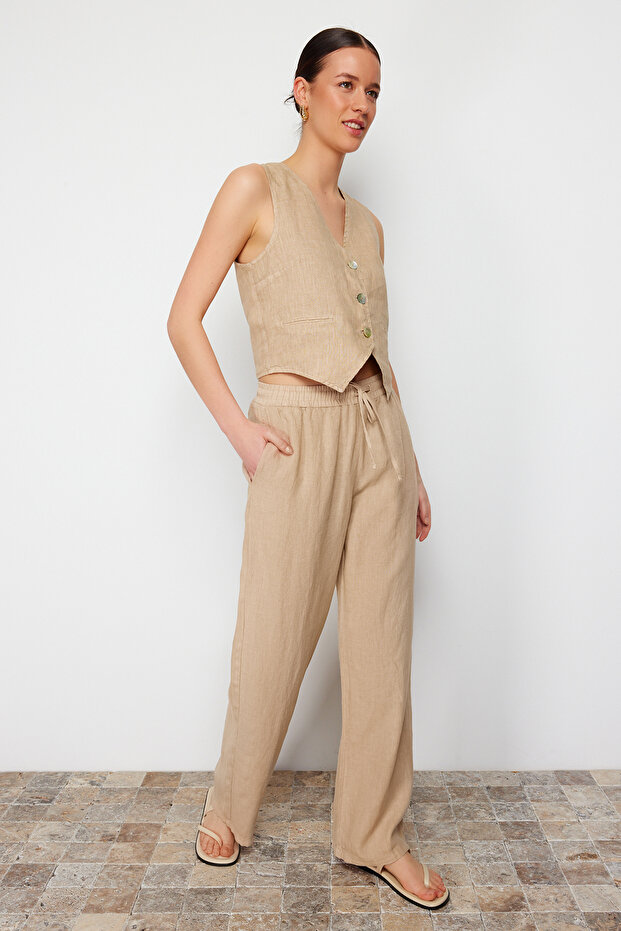 Bej %100 Keten Beli Lastikli Yüksek Bel Wide Leg Pantolon TWOSS24JE00249 - 9