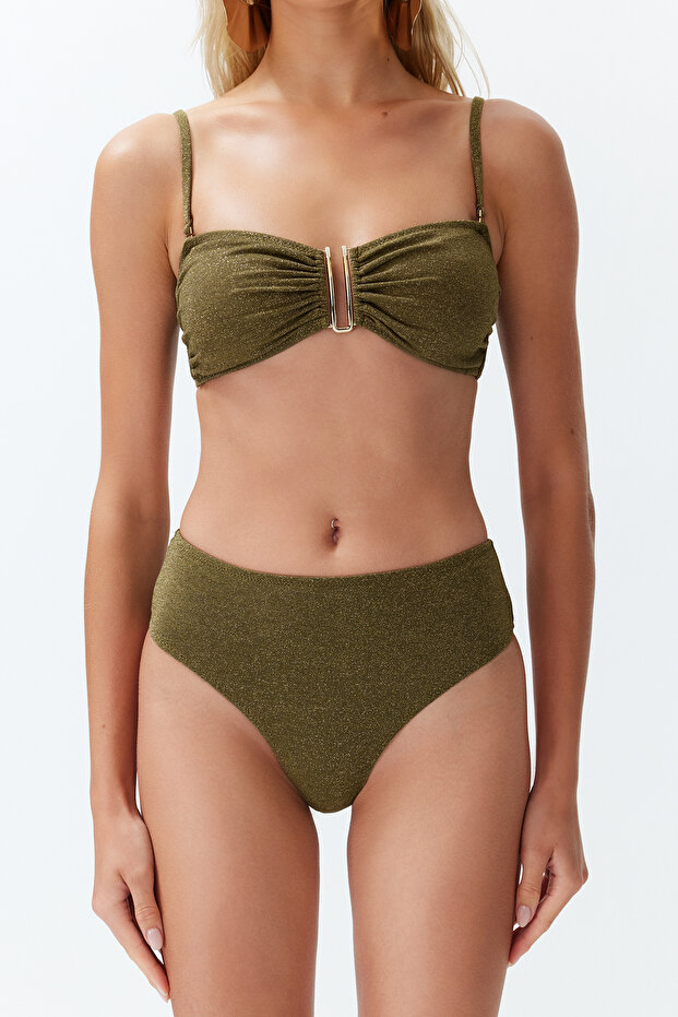 Haki Simli Aksesuarlı Straplez Kaplı Regular Yüksek Bel Bikini Takımı TBESS24BT00054 - 4