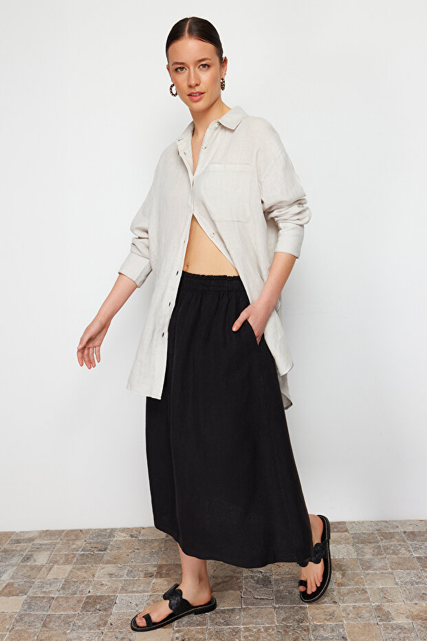 Siyah %100 Keten Beli Lastikli Midi Etek TWOSS24ET00153 - 9