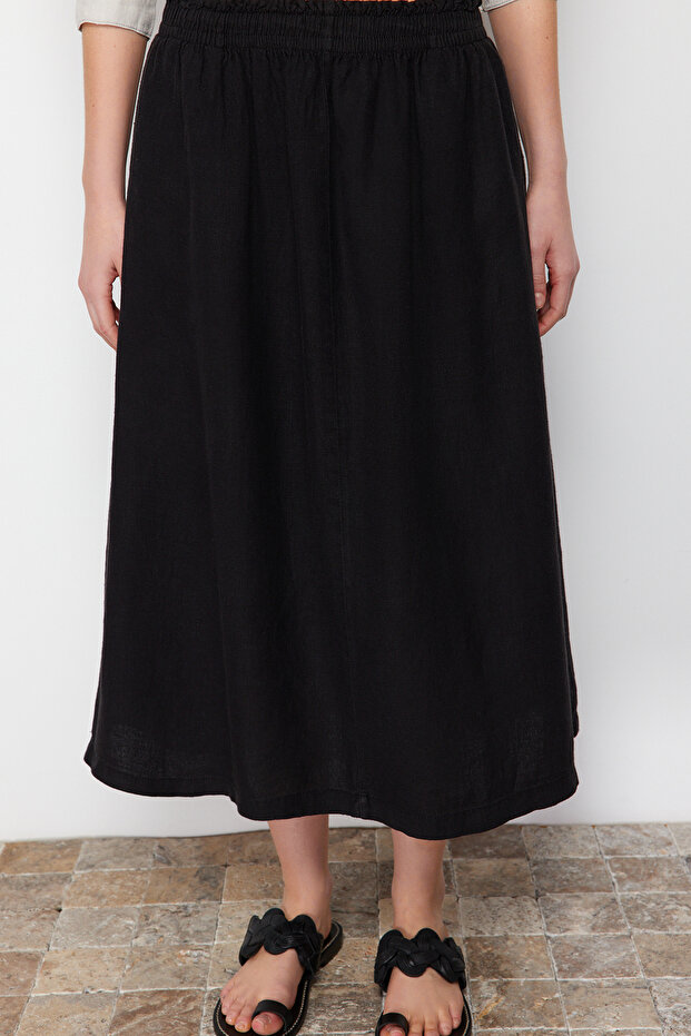 Siyah %100 Keten Beli Lastikli Midi Etek TWOSS24ET00153 - 10