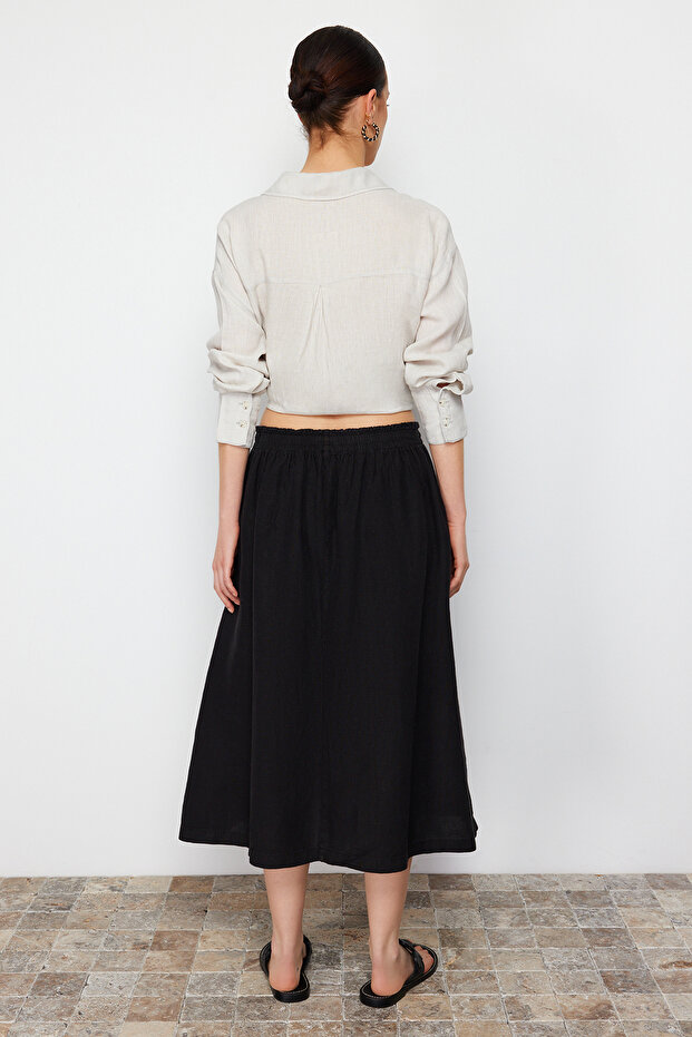 Siyah %100 Keten Beli Lastikli Midi Etek TWOSS24ET00153 - 12