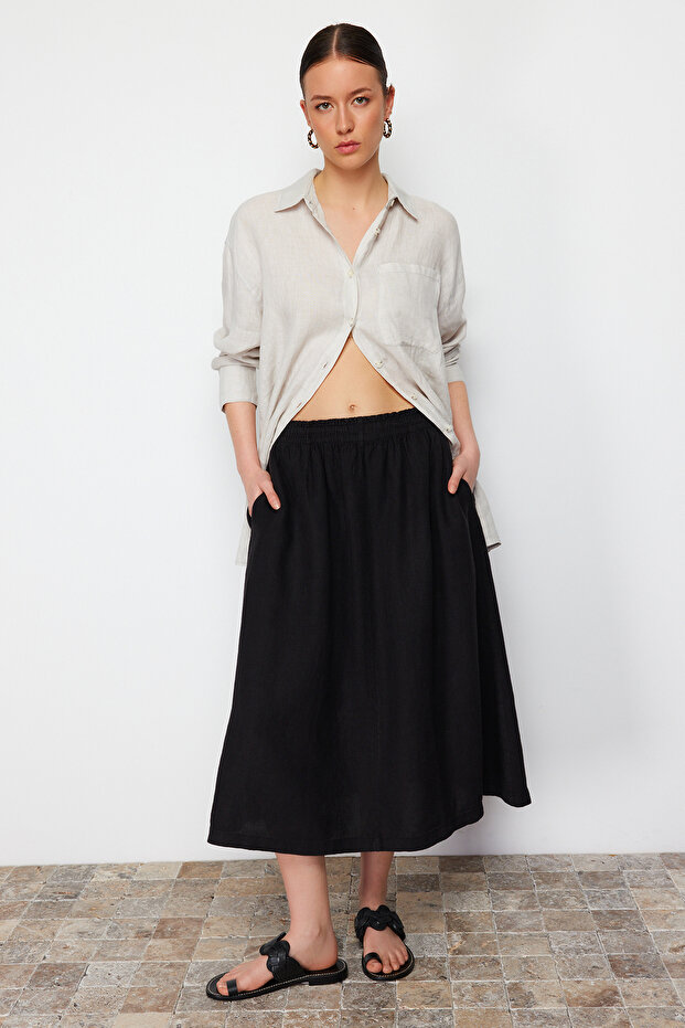 Siyah %100 Keten Beli Lastikli Midi Etek TWOSS24ET00153 - 8
