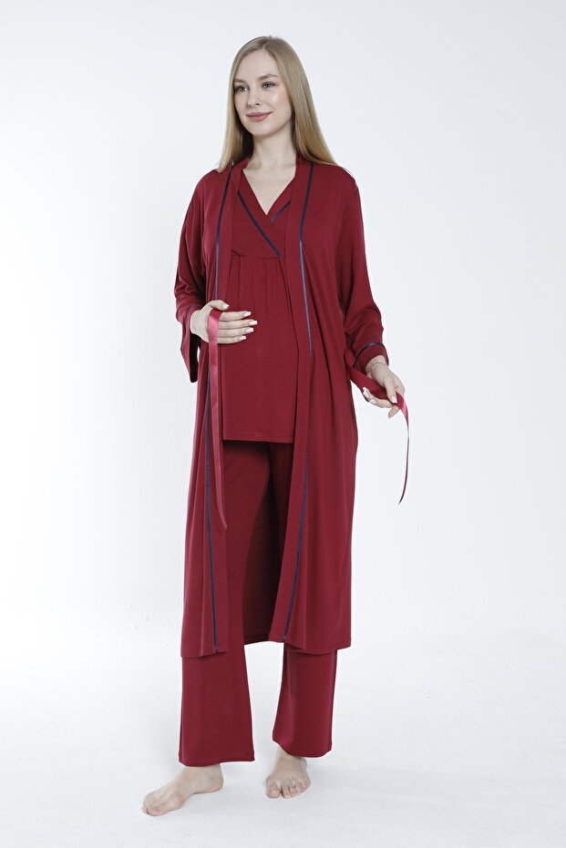 Bathrobe Striped Detail Maternity and Postpartum Pajama Set