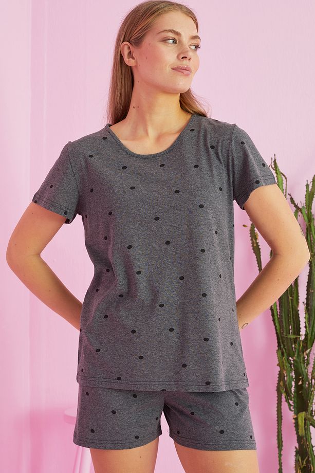 füme puan desenli Pamuklu Şort-Pijama Takım - 1