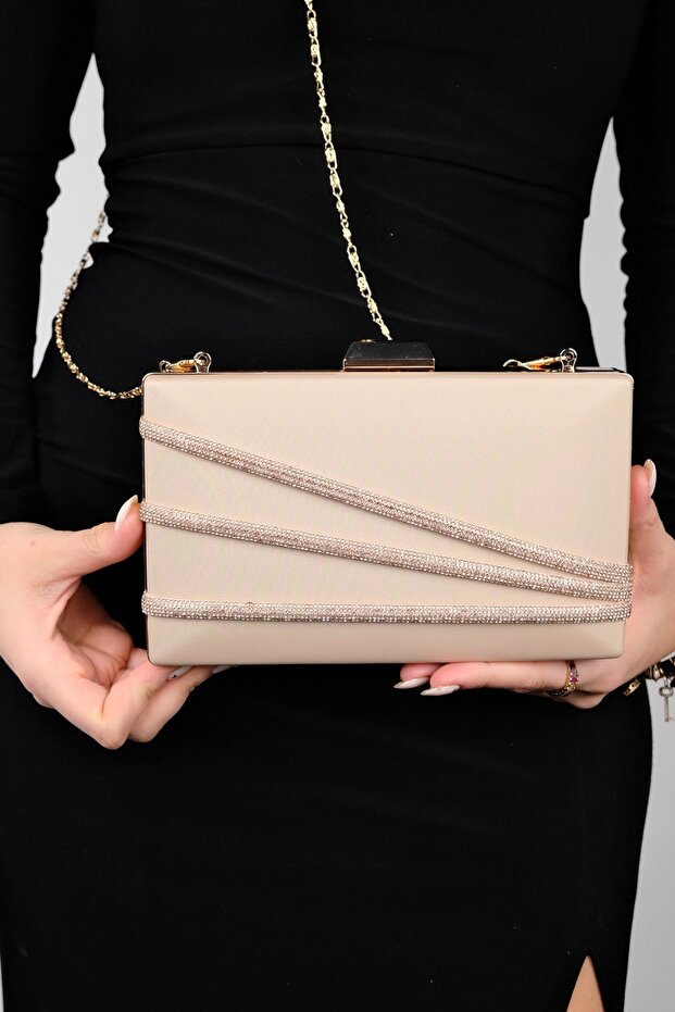 DEBON Dark Beige Satin Stripe Stone Damska Torebka Wieczorowa - 5