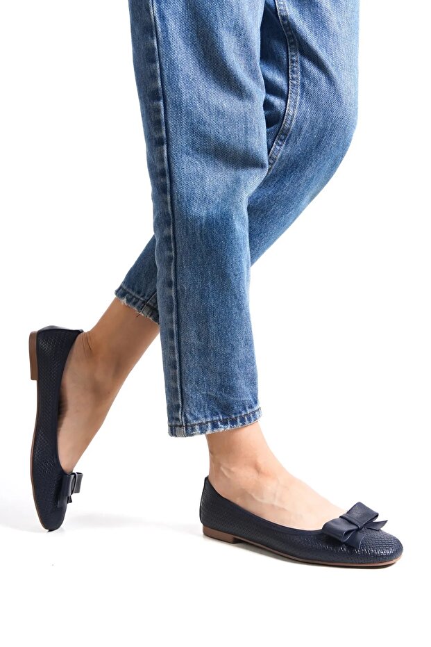 Genuine Leather Navy Blue Women's Leather Ballerinas Dp58-4055