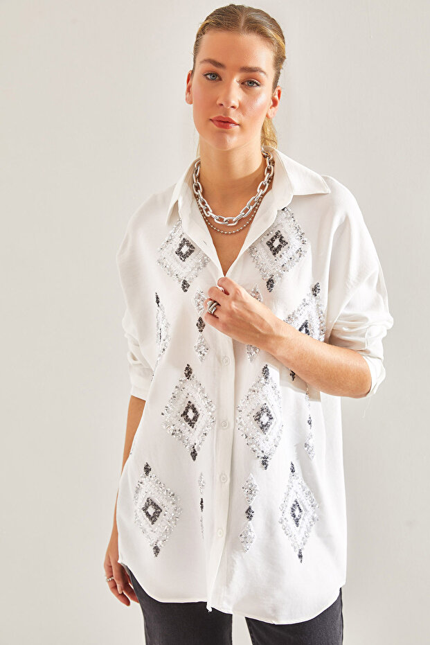 Women's White Sequin Embroidered Sofia Linen Shirt 60181011