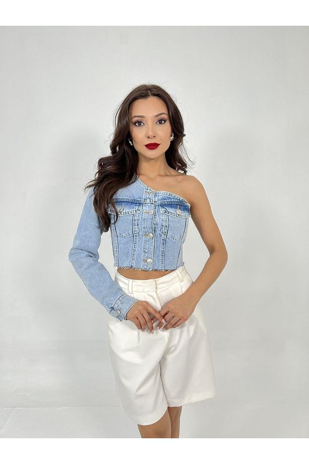Kadın Tek Kollu Denim Bluz Mavi - 1