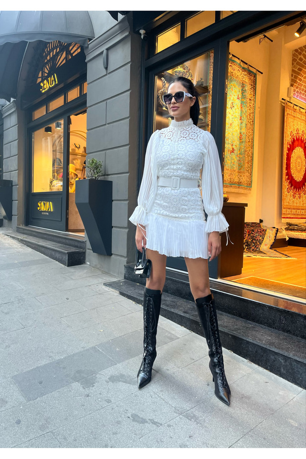 Women's White Stand Collar Guipure & Lace Sleeves and Skirt Pleat Detail Lined Belted Dress