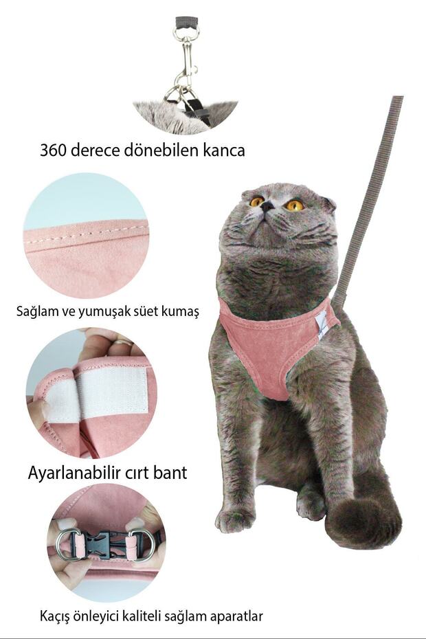 Kedi Gezdirme Tasması - Kedi Tasması Göğüs Tasma Seti Yumuşak Süet Pembe Renk - 6