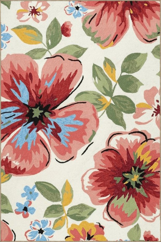 Pink Green Themed Leaf and Flower Patterned Modern Decorative Carpet 3857