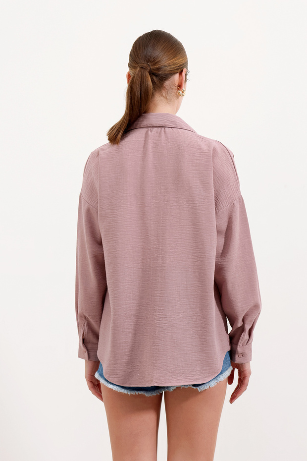 20153 Tek Cepli Oversize Keten Gömlek - Gül Kurusu - 4