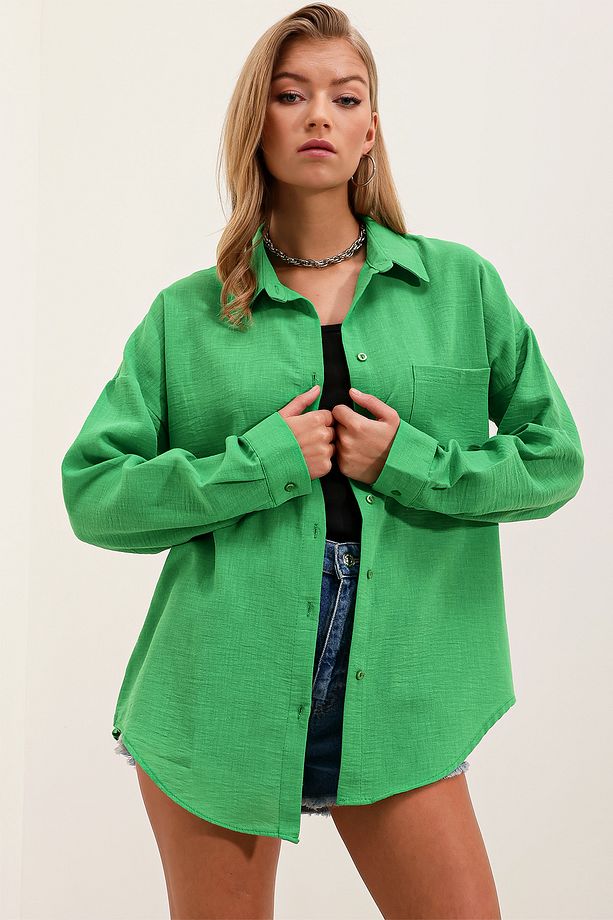 20153 Tek Cepli Oversize Keten Gömlek - Yeşil - 6
