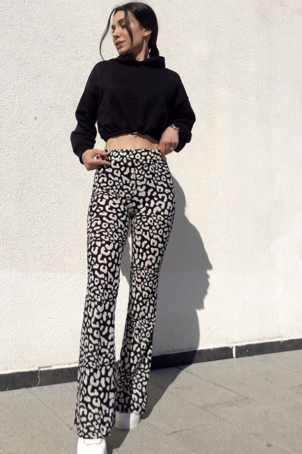 Ekru-siyah Krep Kumaş Zebra Desenli Yüksek Bel Likralı Ispanyol Paça Pantolon 100 Cm - 4