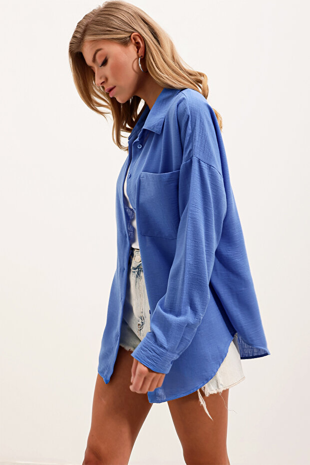 20153 Tek Cepli Oversize Keten Gömlek - Saks - 3