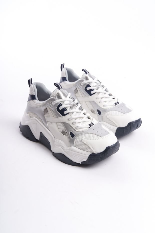 Belavalia White Navy Blue Women's Daily High-Sole Lace-Up Comfortable Sports Sneaker