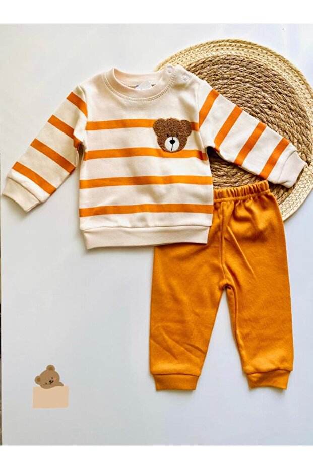 Bear Embroidered Striped Baby 2-Piece Bottom Top Set