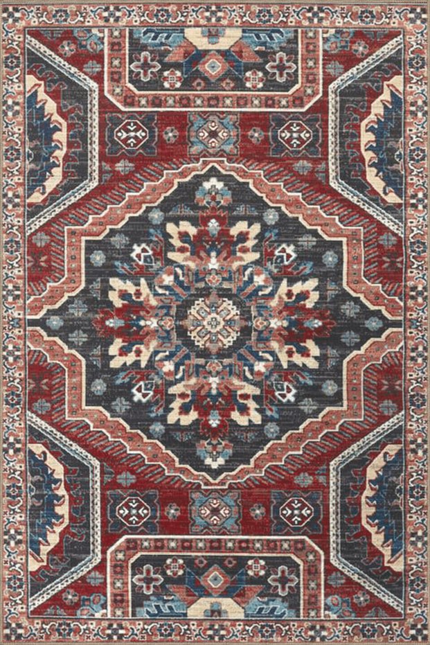Burgundy Gray Themed Traditional Motif Ethnic Patterned Vintage Decorative Carpet 3865