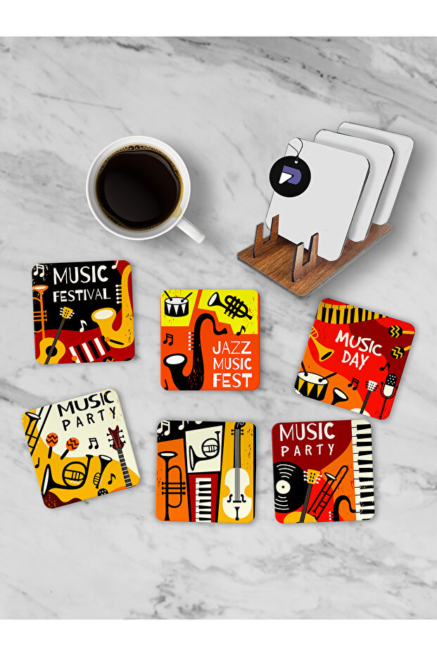 Jazz Music Themed Wooden Coaster Set with Stand, 6 Printed Cups and Coffee Coasters