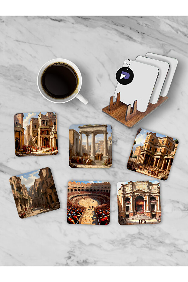 Antique Roman Wooden Coaster Set with Stand, 6 Printed Cups and Coffee Coasters