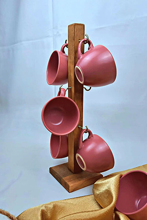 Kitchen Counter Top Wooden Coffee Stand Cup Hanger Organizer Coffee Corner Hotel Cafe Bar 6 Hooks
