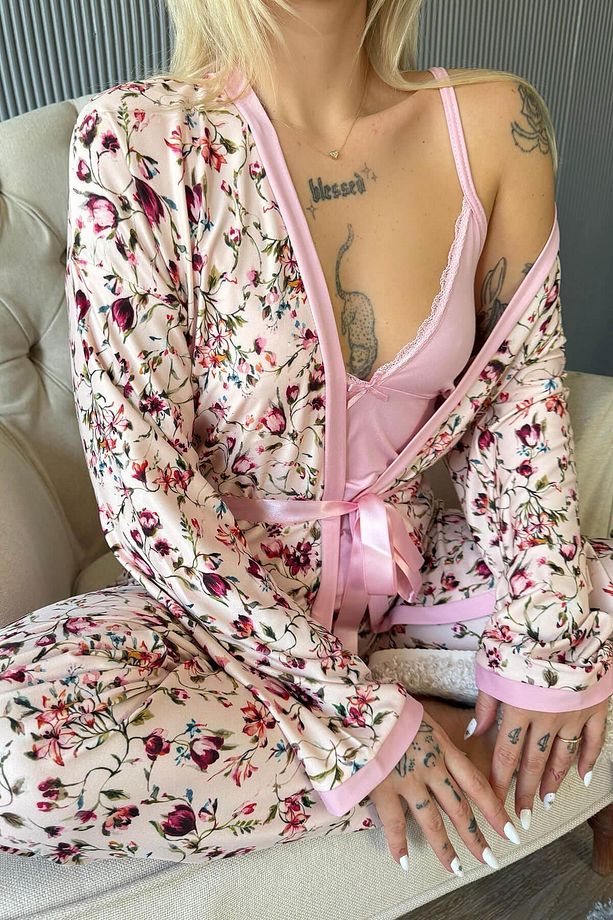 Açık Pembe Flore Exclusive Örme Sabahlıklı Kadın Pijama Takımı - 7