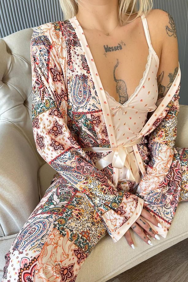Somon Flore Exclusive Örme Sabahlıklı Kadın Pijama Takımı - 6