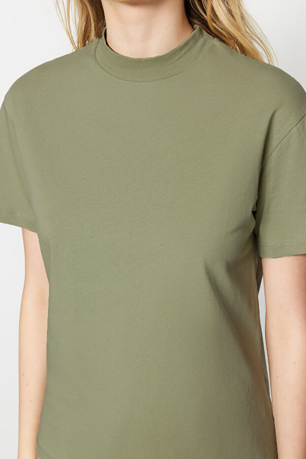 Yağ Yeşili-Gri 2'li Paket %100 Pamuk Basic Dik Yaka Örme T-Shirt TWOSS20TS1500 - 6