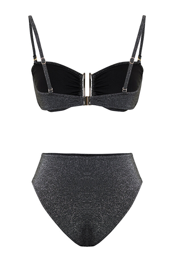 Siyah Simli Aksesuarlı Straplez Kaplı Regular Yüksek Bel Bikini Takımı TBESS24BT00054 - 8