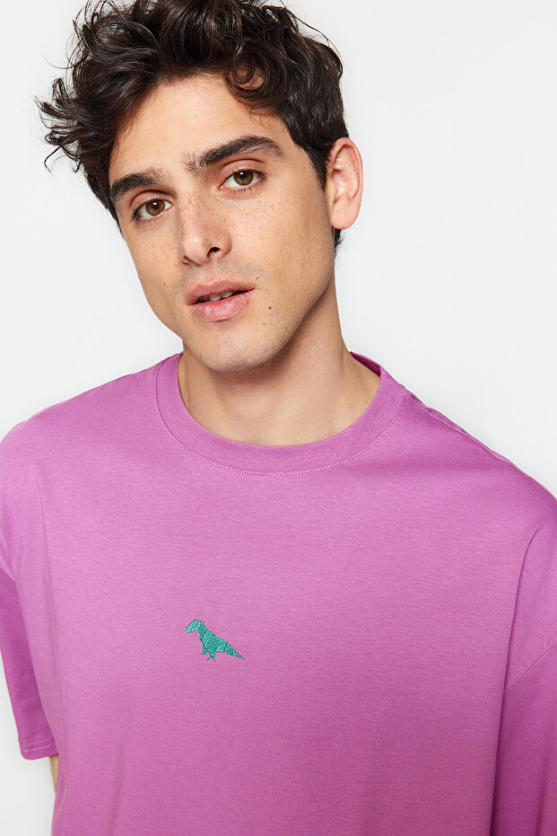 Mürdüm Oversize/Geniş Kesim Dinozor Nakışlı Kısa Kol %100 Pamuk T-Shirt TMNSS23TS00243 - 1