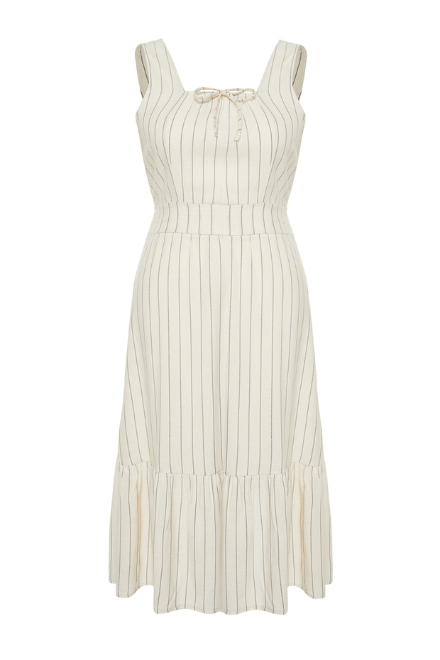 Béžové tkané šaty s čtvercovým límcem A-Line TBBSS24AH00075 - 7