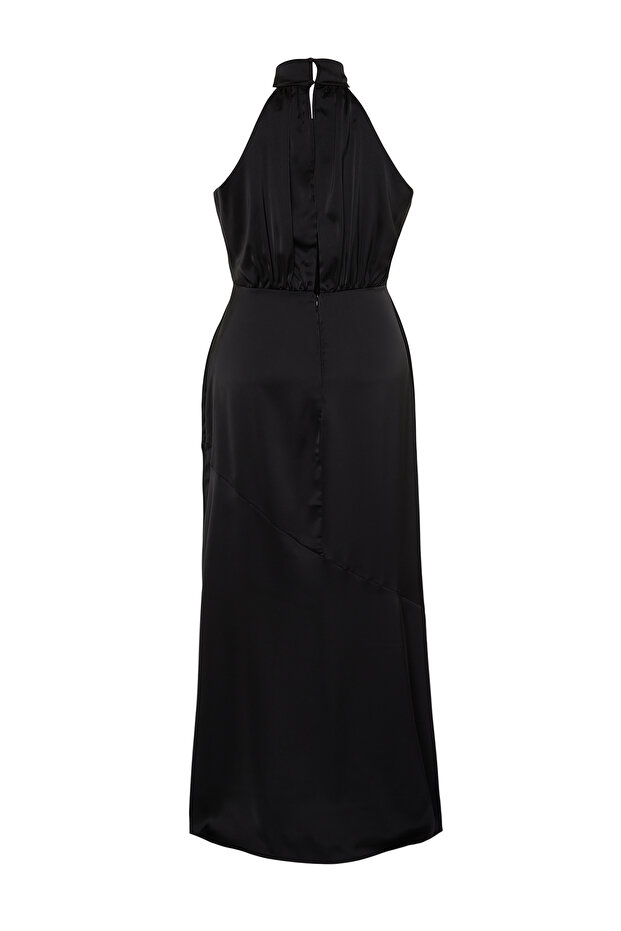 Siyah Halter Yaka Saten Maxi/Uzun Boy Büyük Beden Party/Mezuniyet/Abiye Elbise TBBSS24AH00150 - 8