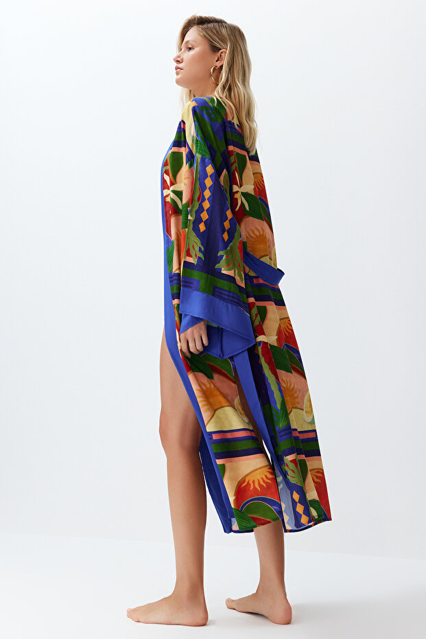 Soyut Desenli Dokuma Maxi Plaj Kuşaklı Kimono&Kaftan TBESS24KM00024 - 2