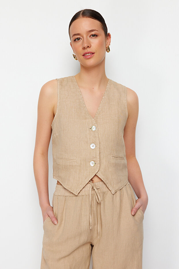 Bej %100 Keten Fitted Yelek TWOSS24YE00040 - 8