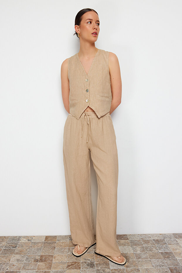 Bej %100 Keten Beli Lastikli Yüksek Bel Wide Leg Pantolon TWOSS24JE00249 - 7