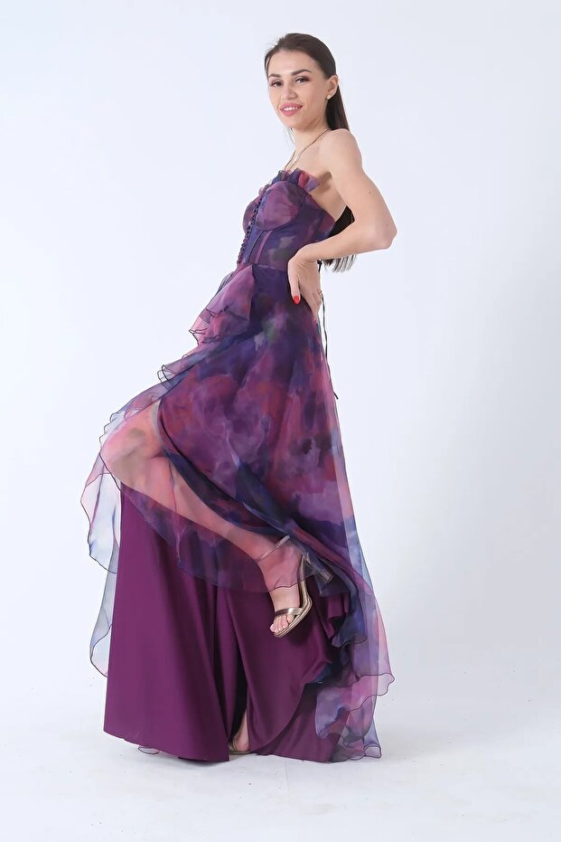 Women's Strapless Collar Slit Skirt Ruffled Purple Evening Dress