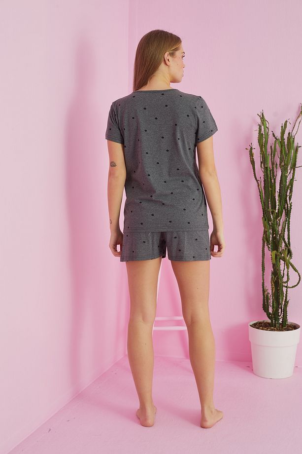 füme puan desenli Pamuklu Şort-Pijama Takım - 2