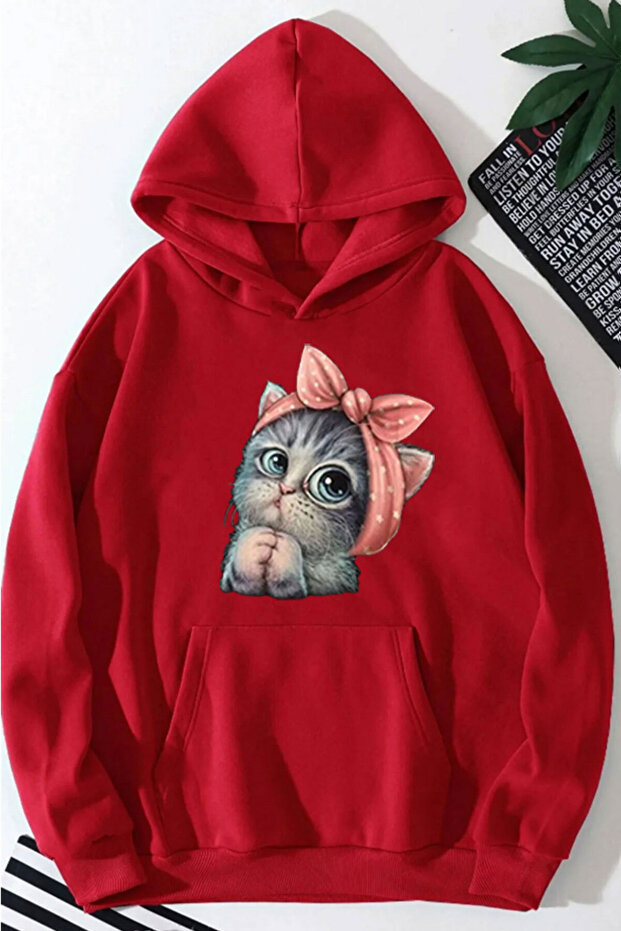 Cute Cat Printed Women's Hooded Sweatshirt