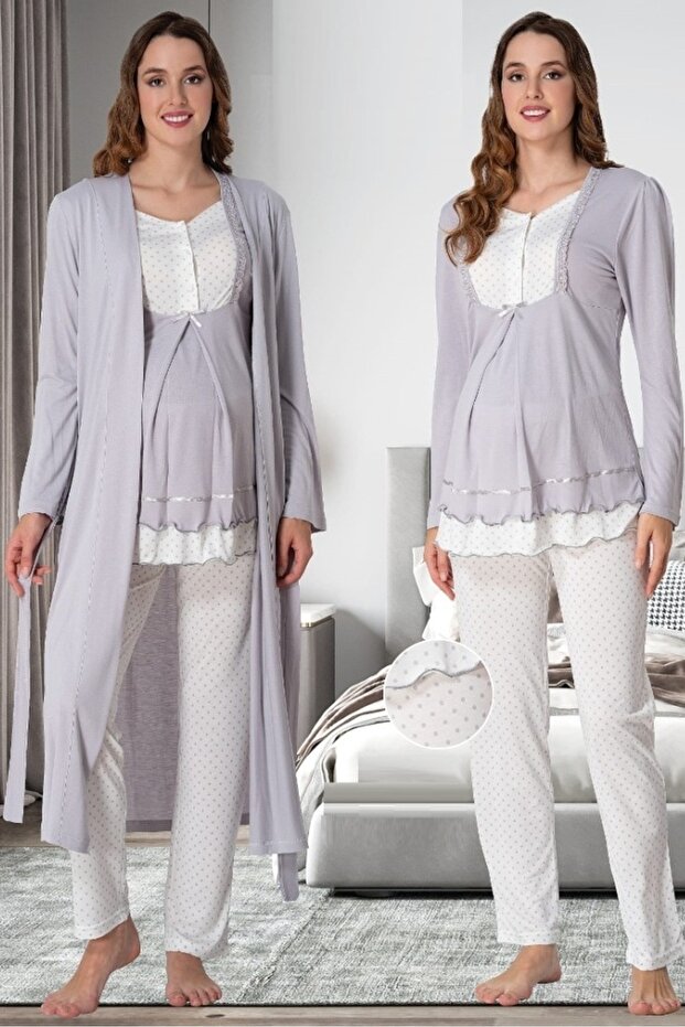 Gray Cotton Maternity Long Sleeve Pajama Set with Dressing Gown Effortt