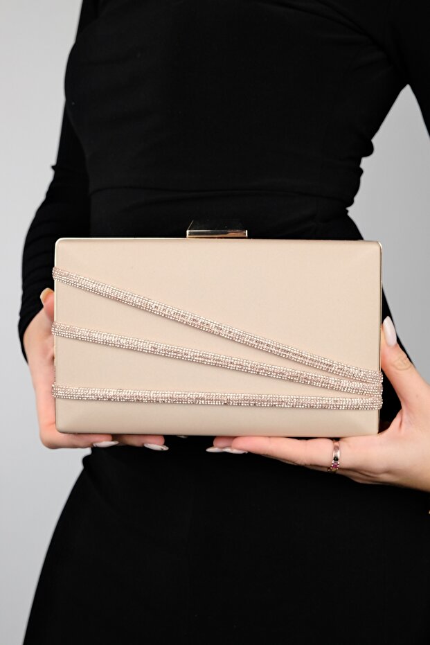DEBON Dark Beige Satin Stripe Stone Damska Torebka Wieczorowa - 4